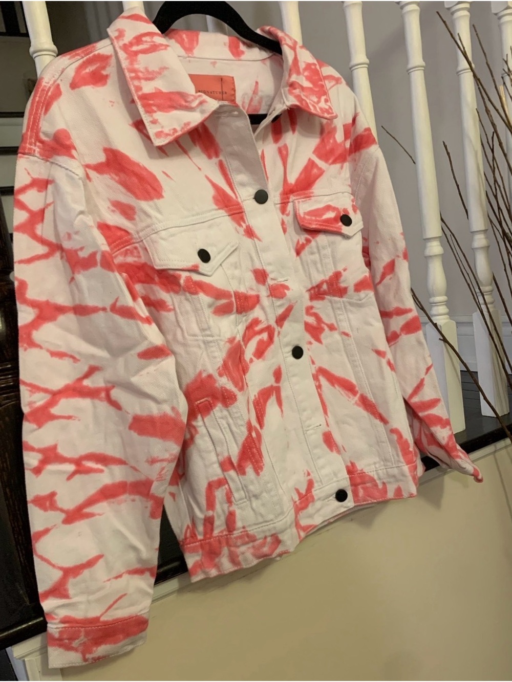 Signature White and Coral Tie-Dye Jean Jacket
